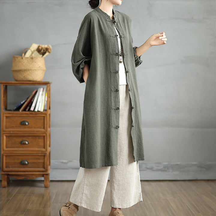 Cappotto casual da donna in cotone e lino con bottoni a rana e tasche Buddha Stones - image 7