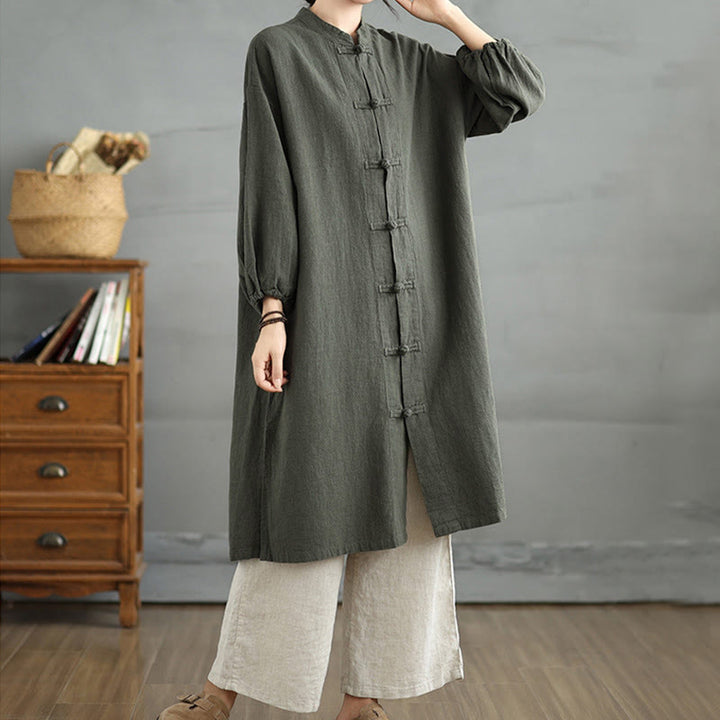 Cappotto casual da donna in cotone e lino con bottoni a rana e tasche Buddha Stones - image 10