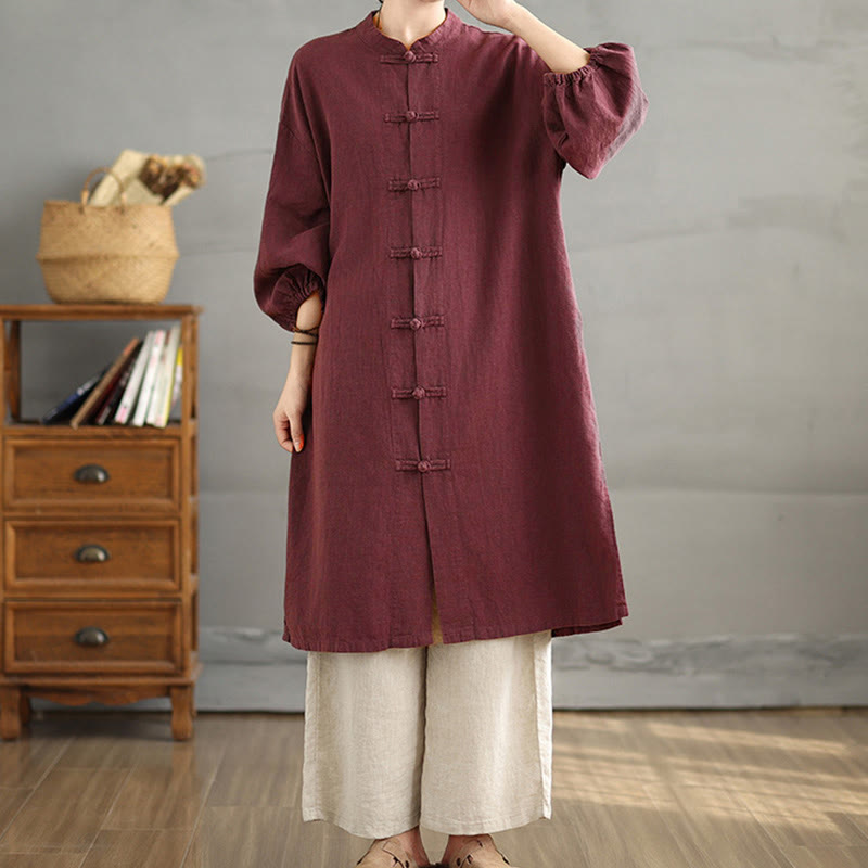 Cappotto casual da donna in cotone e lino con bottoni a rana e tasche Buddha Stones - image 4