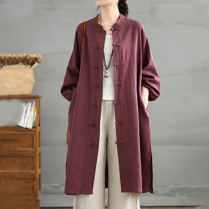 Cappotto casual da donna in cotone e lino con bottoni a rana e tasche Buddha Stones - Viola - US12, UK/AU16, EU44 (2XL) - image 0