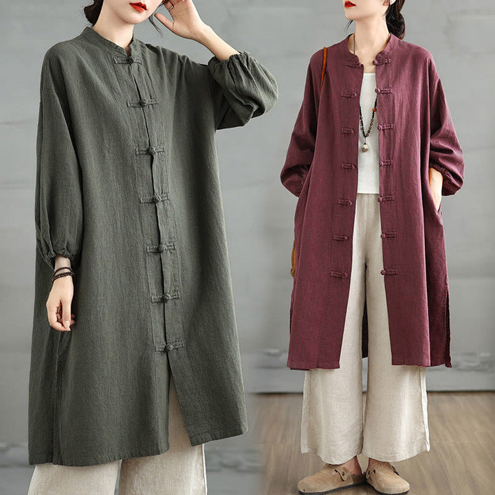 Cappotto casual da donna in cotone e lino con bottoni a rana e tasche Buddha Stones - image 11