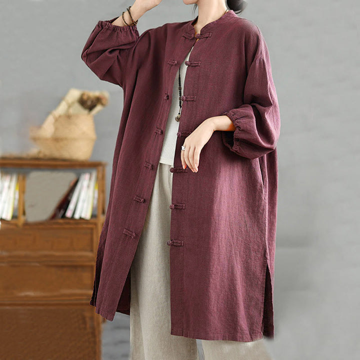 Cappotto casual da donna in cotone e lino con bottoni a rana e tasche Buddha Stones - image 2
