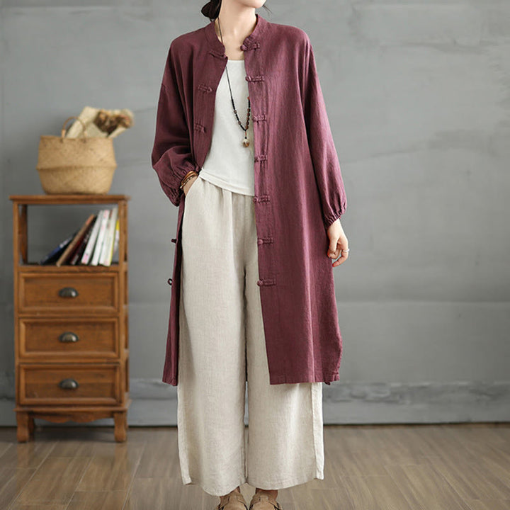 Cappotto casual da donna in cotone e lino con bottoni a rana e tasche Buddha Stones - image 3