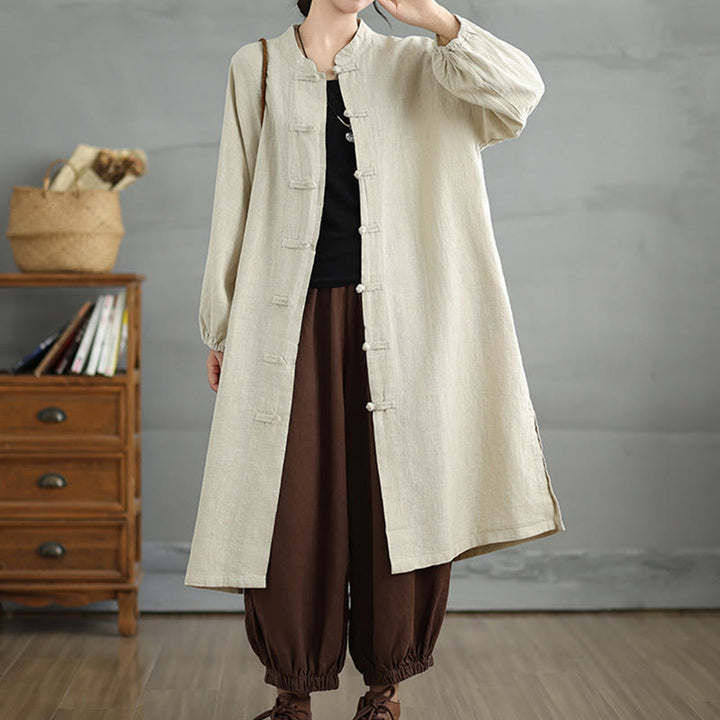Cappotto casual da donna in cotone e lino con bottoni a rana e tasche Buddha Stones - Beige - US12, UK/AU16, EU44 (2XL) - image 12