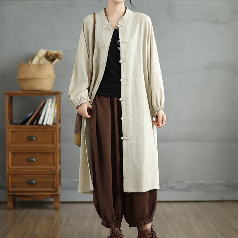 Cappotto casual da donna in cotone e lino con bottoni a rana e tasche Buddha Stones - image 13