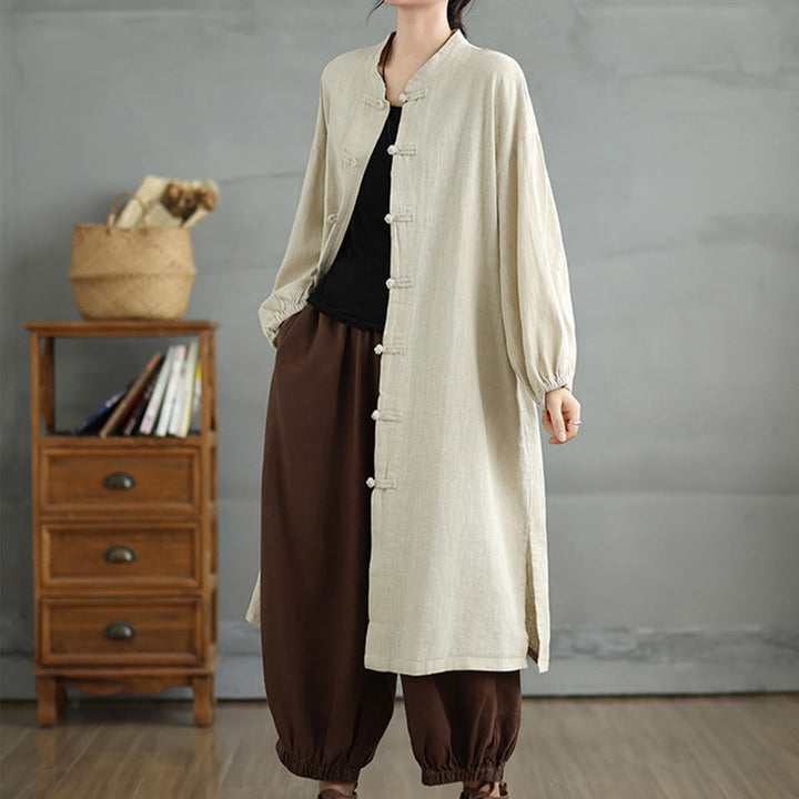 Cappotto casual da donna in cotone e lino con bottoni a rana e tasche Buddha Stones - image 15