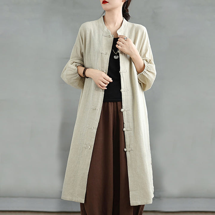 Cappotto casual da donna in cotone e lino con bottoni a rana e tasche Buddha Stones - image 14