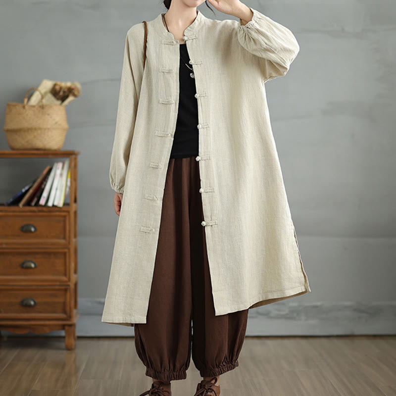 Cappotto casual da donna in cotone e lino con bottoni a rana e tasche Buddha Stones - Beige - US12, UK/AU16, EU44 (2XL) - image 12