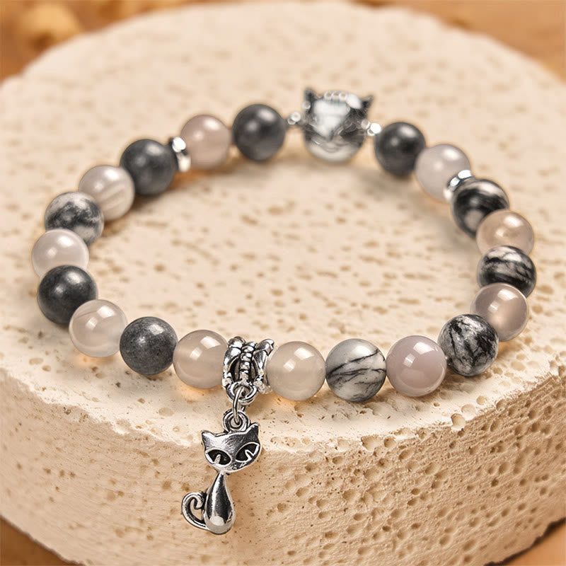 Braccialetto curativo con perline di agata grigia naturale di diaspro e gatto birmano Buddha Stones - image 2
