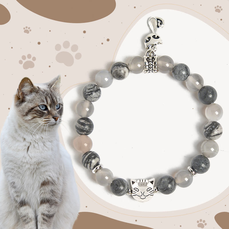 Braccialetto curativo con perline di agata grigia naturale di diaspro e gatto birmano Buddha Stones - Gatto Birmano (Circonferenza del polso: 15-16 cm) - image 0