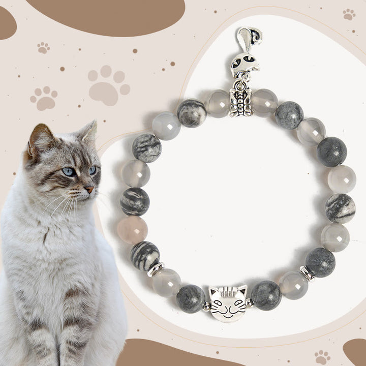 Braccialetto curativo con perline di agata grigia naturale di diaspro e gatto birmano Buddha Stones - Gatto Birmano (Circonferenza del polso: 15-16 cm) - image 0