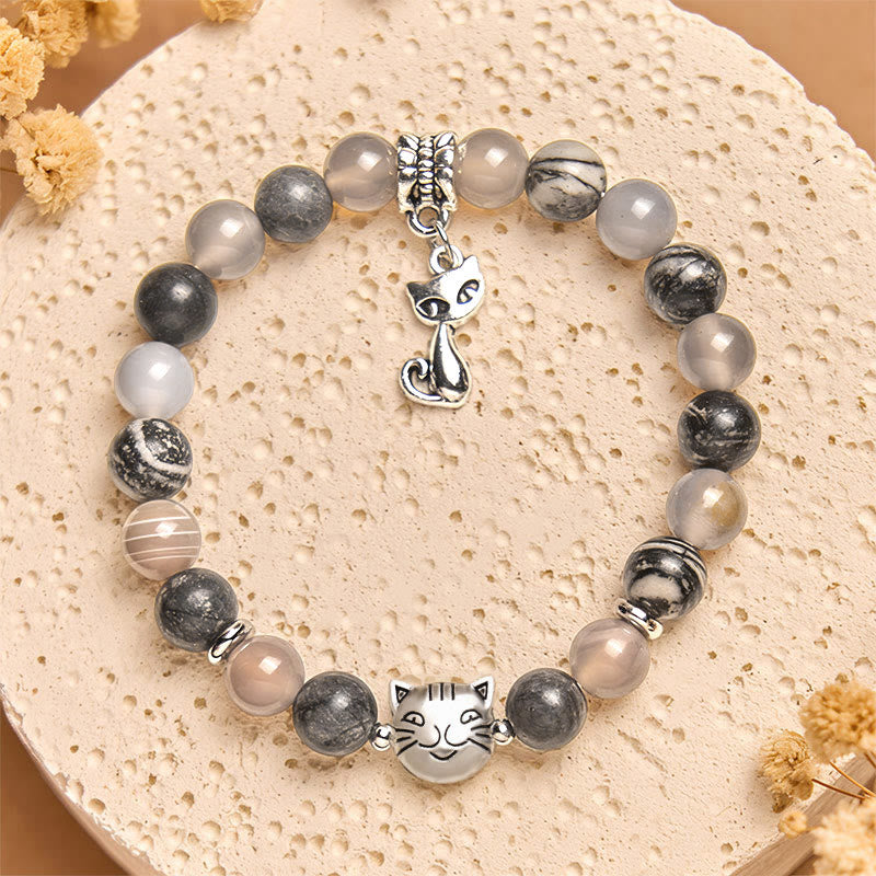 Braccialetto curativo con perline di agata grigia naturale di diaspro e gatto birmano Buddha Stones - image 1