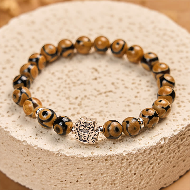 Bracciale Buddha Stones in argento sterling 925 con perline di pietra a forma di gatto soriano marrone e benedizioni - image 1
