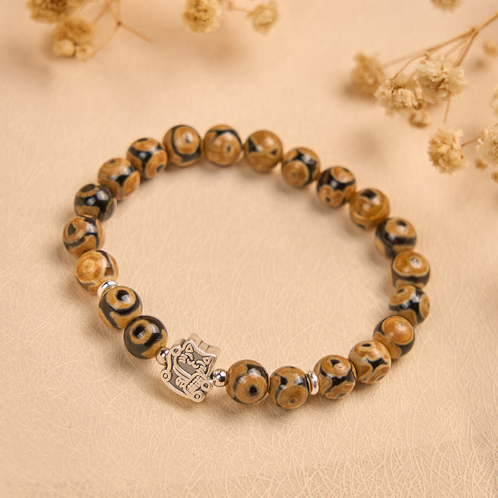 Bracciale Buddha Stones in argento sterling 925 con perline di pietra a forma di gatto soriano marrone e benedizioni - image 3