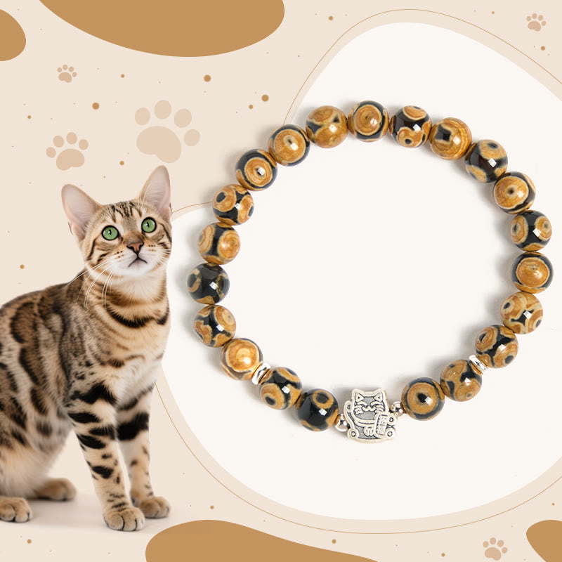 Bracciale Buddha Stones in argento sterling 925 con perline di pietra a forma di gatto soriano marrone e benedizioni - Brown Tabby (circonferenza del polso: 15-16 cm) - image 0
