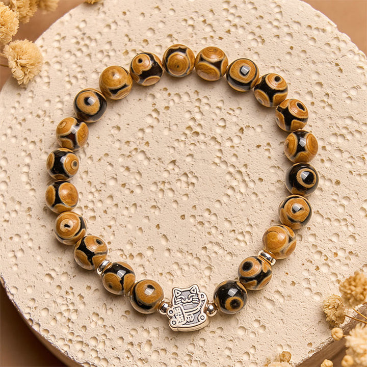 Bracciale Buddha Stones in argento sterling 925 con perline di pietra a forma di gatto soriano marrone e benedizioni - image 2