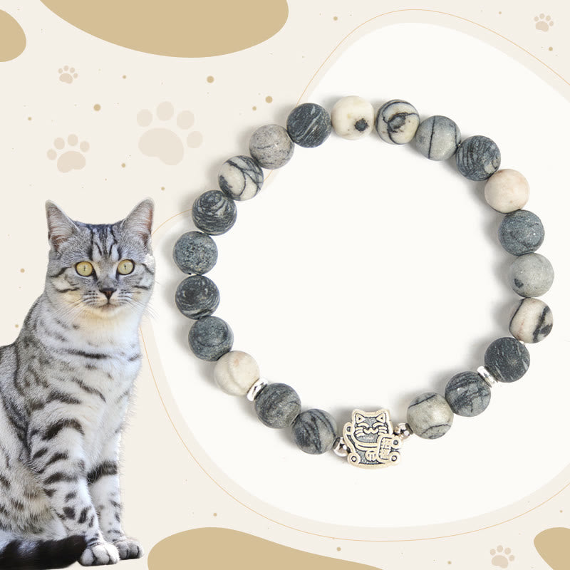Bracciale di stabilità Buddha Stones in argento sterling 925 con gatto tigrato grigio e diaspro venato nero naturale - Gatto soriano grigio (circonferenza del polso 15-16 cm) - image 0