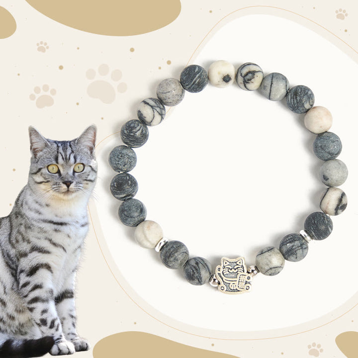 Bracciale di stabilità Buddha Stones in argento sterling 925 con gatto tigrato grigio e diaspro venato nero naturale - Gatto soriano grigio (circonferenza del polso 15-16 cm) - image 0
