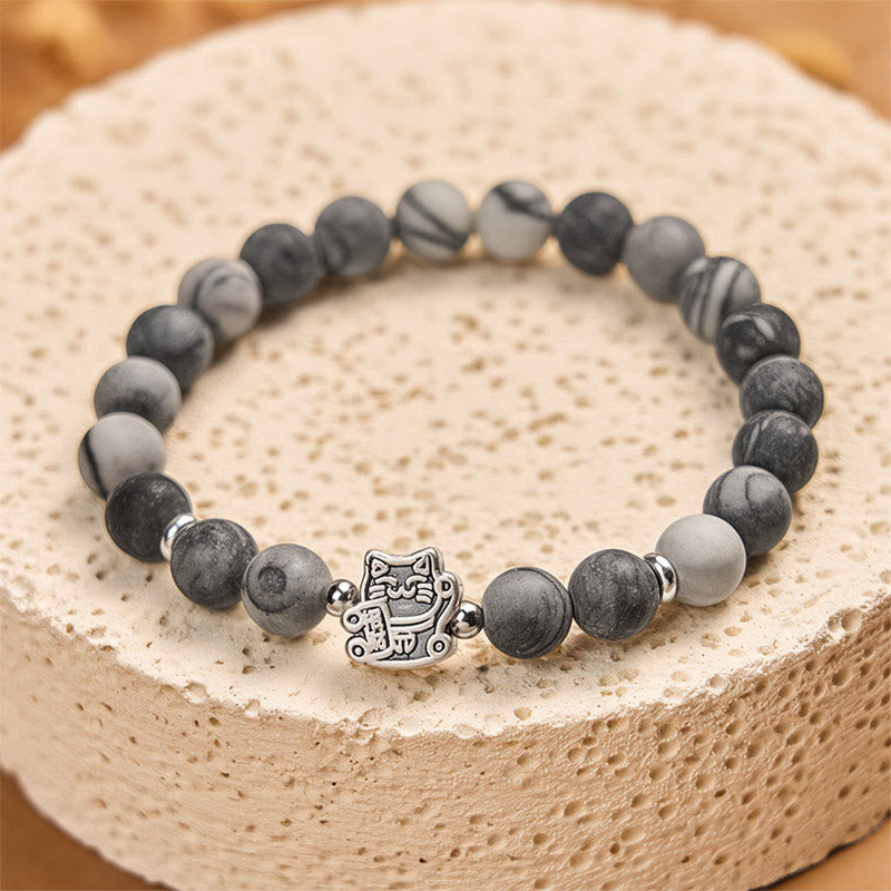 Bracciale di stabilità Buddha Stones in argento sterling 925 con gatto tigrato grigio e diaspro venato nero naturale - image 3