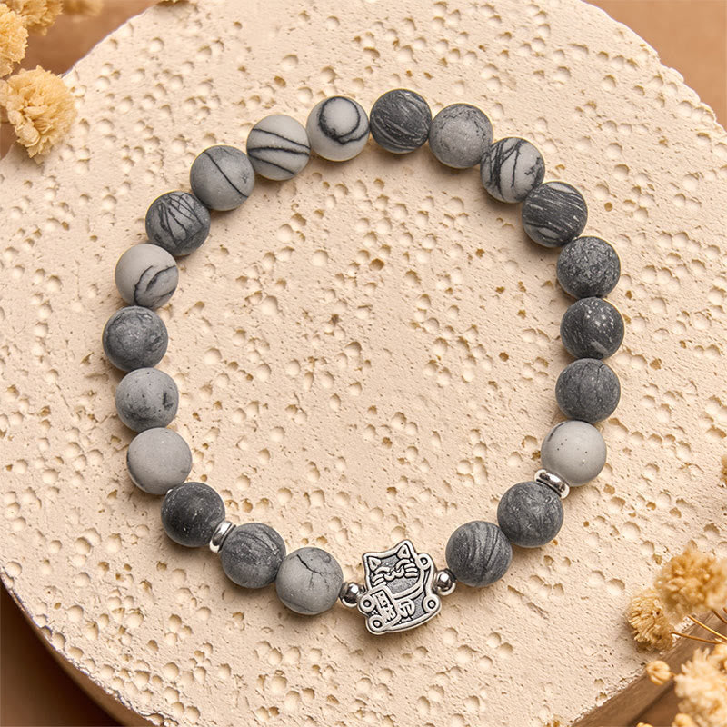 Bracciale di stabilità Buddha Stones in argento sterling 925 con gatto tigrato grigio e diaspro venato nero naturale - image 2