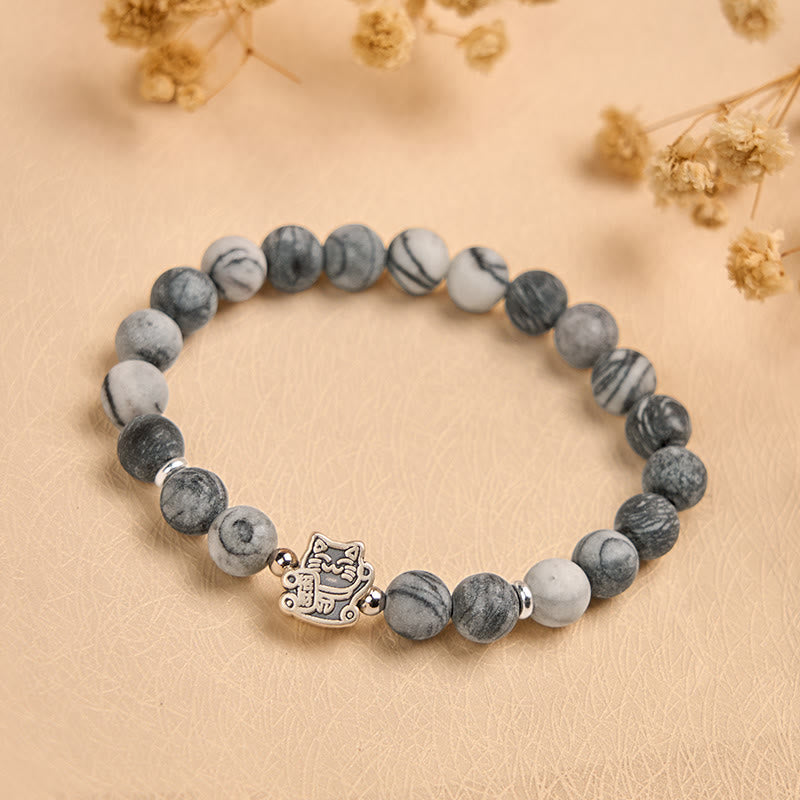 Bracciale di stabilità Buddha Stones in argento sterling 925 con gatto tigrato grigio e diaspro venato nero naturale - image 1