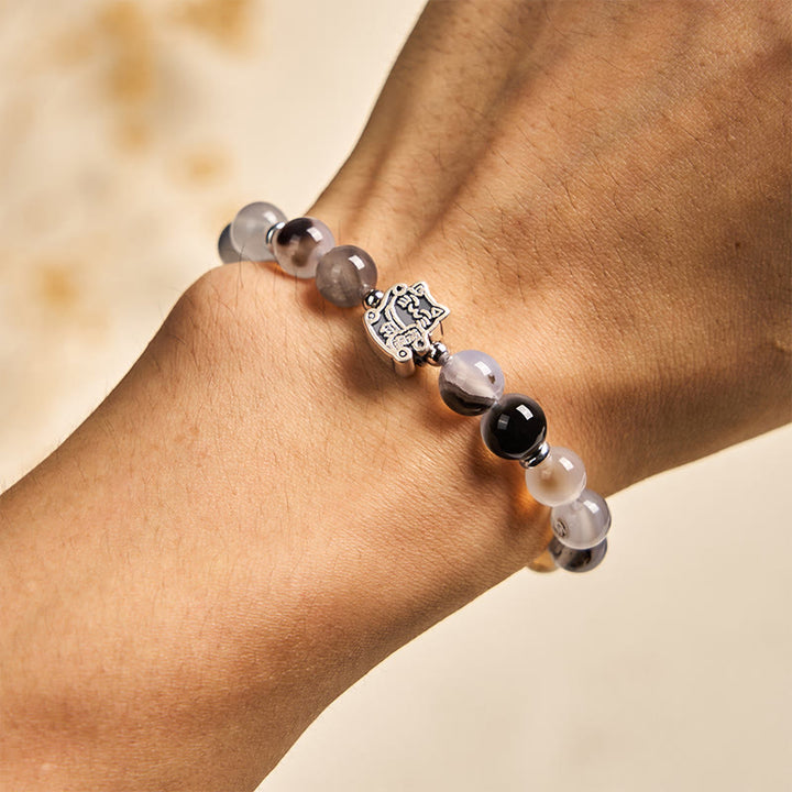 Bracciale di protezione in pietra di agata naturale con gatto calico in argento sterling 925 Buddha Stones - image 4