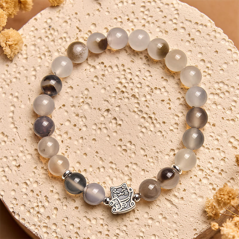 Bracciale di protezione in pietra di agata naturale con gatto calico in argento sterling 925 Buddha Stones - image 2