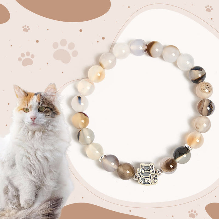 Bracciale di protezione in pietra di agata naturale con gatto calico in argento sterling 925 Buddha Stones - Gatto calico (circonferenza del polso 15-16 cm) - image 0