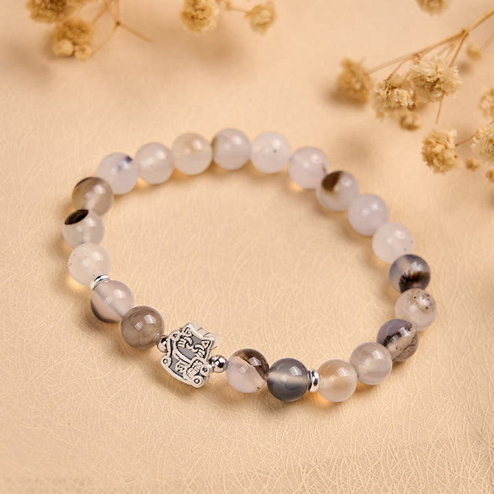 Bracciale di protezione in pietra di agata naturale con gatto calico in argento sterling 925 Buddha Stones - image 1