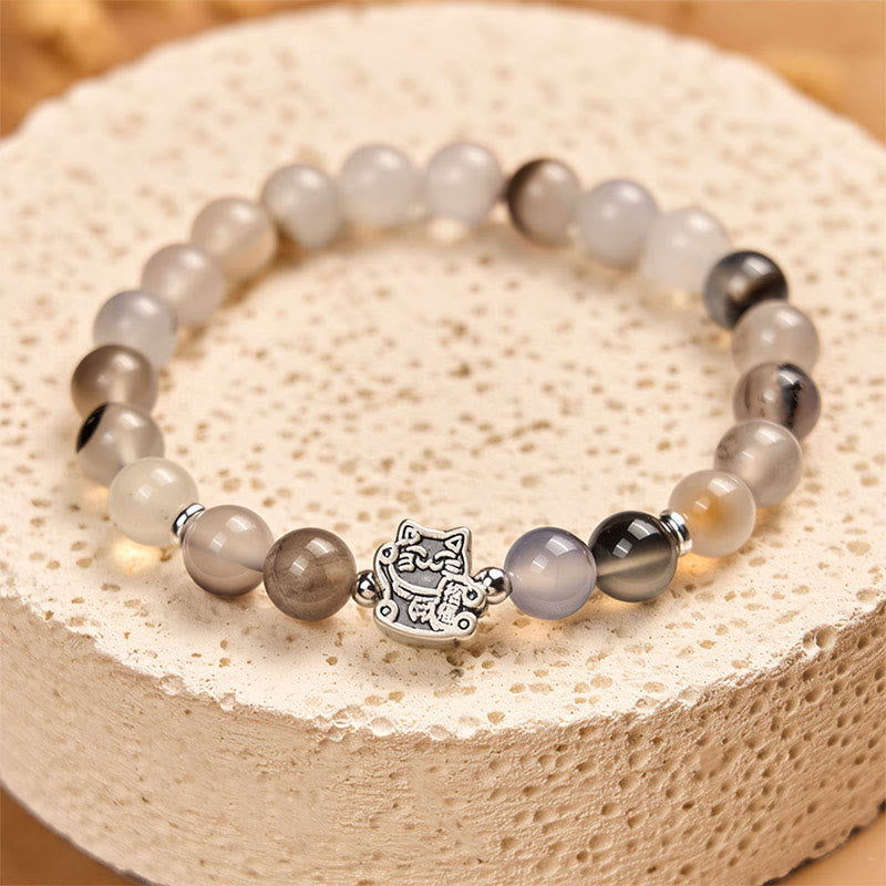 Bracciale di protezione in pietra di agata naturale con gatto calico in argento sterling 925 Buddha Stones - image 3