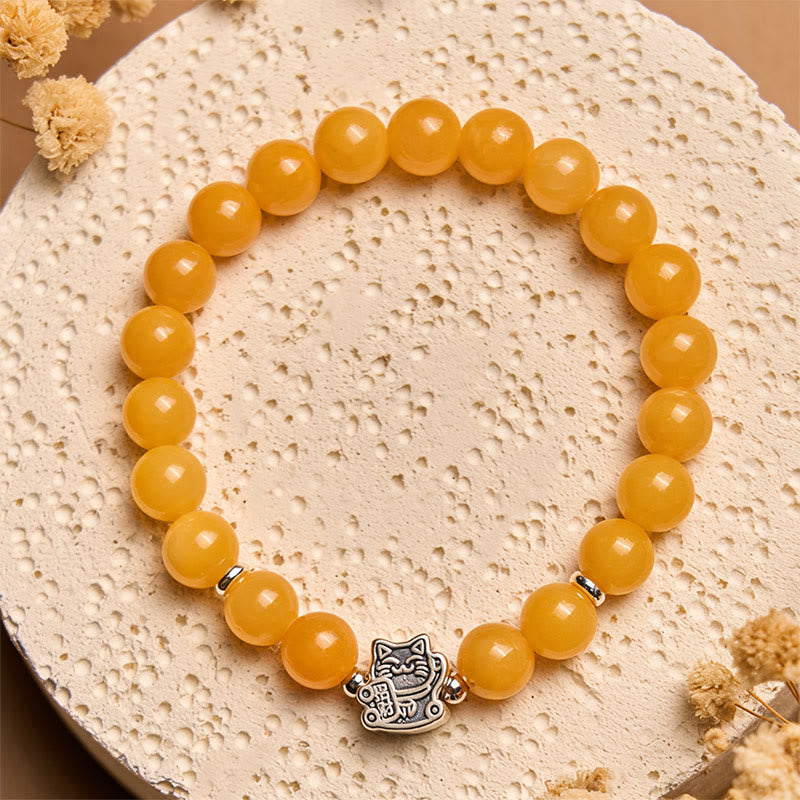 Bracciale Buddha Stones in argento sterling 925 con gatto tigrato arancione e calcedonio giallo, segno positivo - image 3