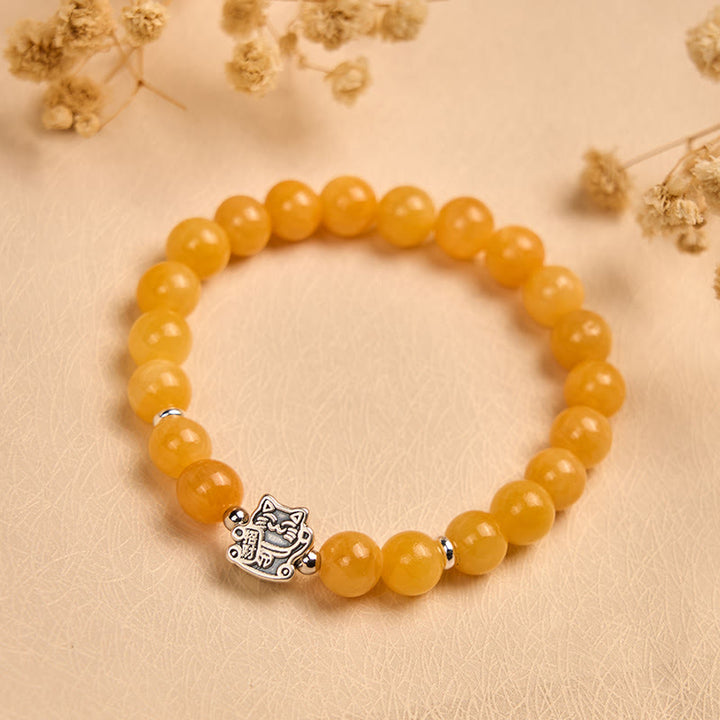 Bracciale Buddha Stones in argento sterling 925 con gatto tigrato arancione e calcedonio giallo, segno positivo - image 1