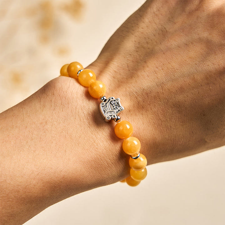 Bracciale Buddha Stones in argento sterling 925 con gatto tigrato arancione e calcedonio giallo, segno positivo - image 4