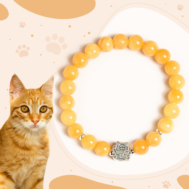 Bracciale Buddha Stones in argento sterling 925 con gatto tigrato arancione e calcedonio giallo, segno positivo - Gatto soriano arancione (circonferenza del polso 15-16 cm) - image 0