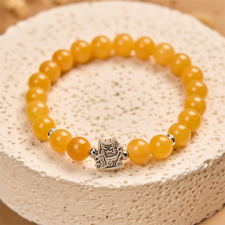 Bracciale Buddha Stones in argento sterling 925 con gatto tigrato arancione e calcedonio giallo, segno positivo - image 2