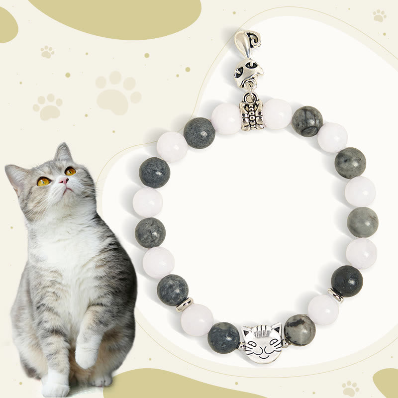 Braccialetto di stabilità Buddha Stones Grey Tabby Cat in diaspro venato nero naturale e calcedonio bianco - Gatto soriano grigio (circonferenza del polso 15-16 cm) - image 0