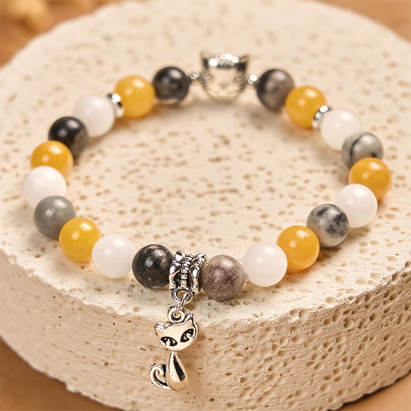 Braccialetto curativo con perline di diaspro grigio naturale e calcedonio Buddha Stones Calico Cat - image 2