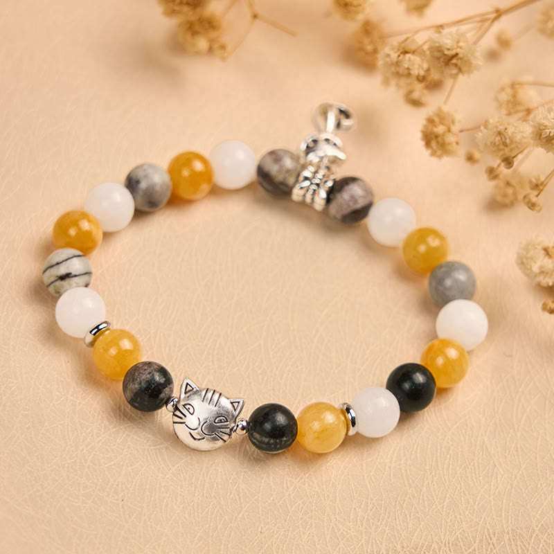 Braccialetto curativo con perline di diaspro grigio naturale e calcedonio Buddha Stones Calico Cat - image 1
