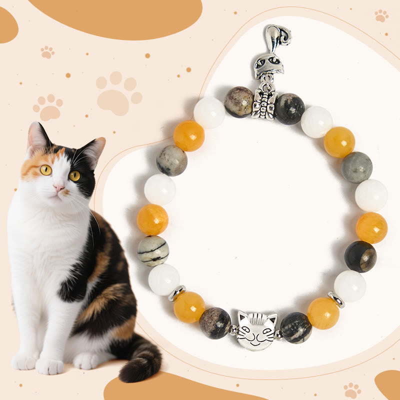 Braccialetto curativo con perline di diaspro grigio naturale e calcedonio Buddha Stones Calico Cat - Gatto calico (circonferenza del polso: 15-16 cm) - image 0