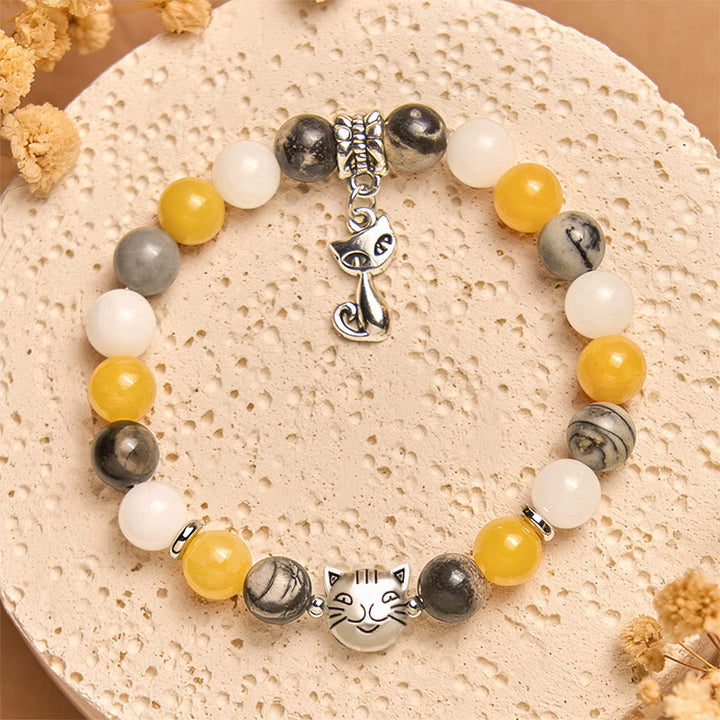 Braccialetto curativo con perline di diaspro grigio naturale e calcedonio Buddha Stones Calico Cat - image 4
