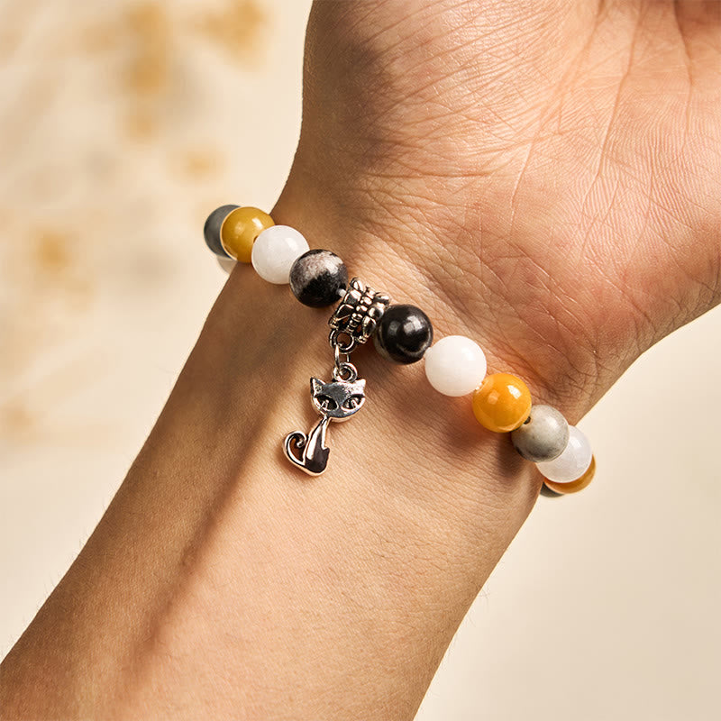 Braccialetto curativo con perline di diaspro grigio naturale e calcedonio Buddha Stones Calico Cat - image 3