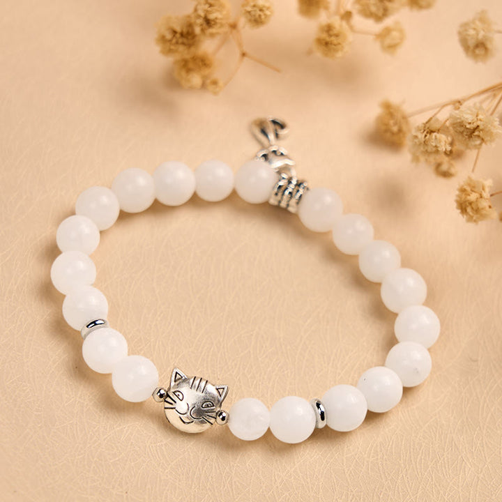 Braccialetto positivo con perline di calcedonio bianco naturale Buddha Stones White Cat - image 1