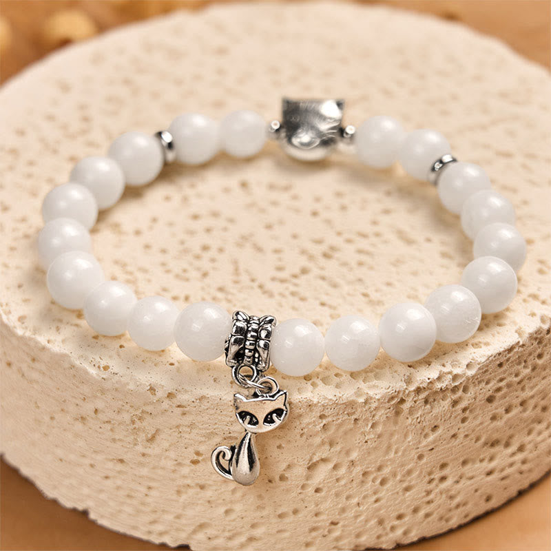 Braccialetto positivo con perline di calcedonio bianco naturale Buddha Stones White Cat - image 3