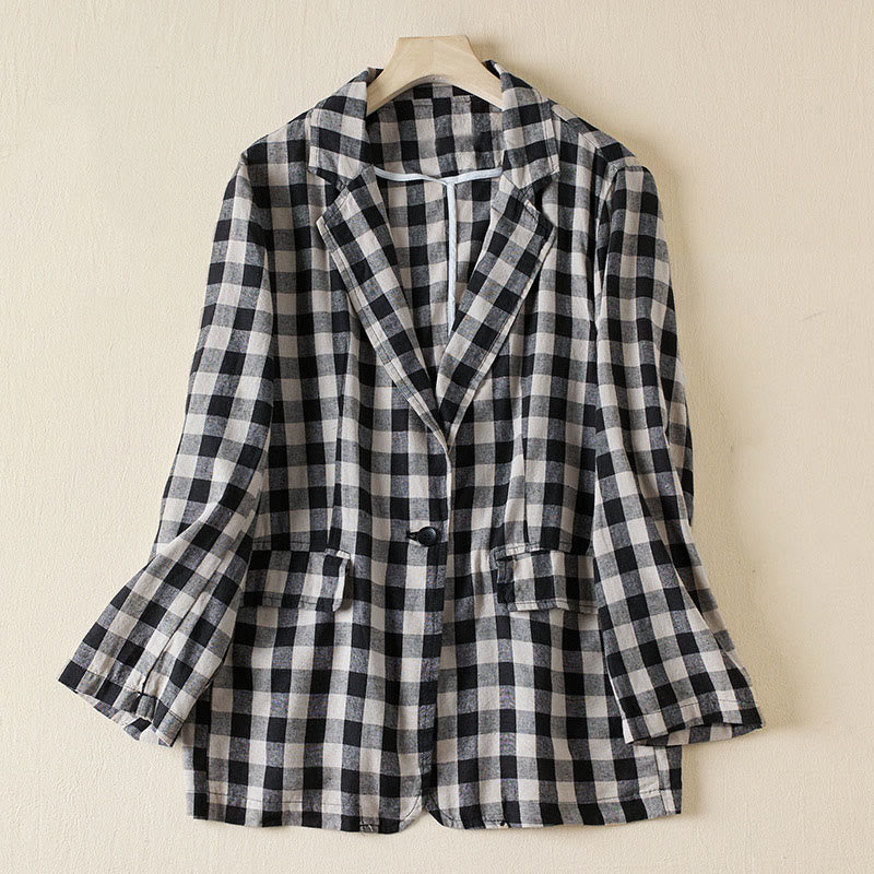 Giacca da donna in cotone con risvolto e maniche lunghe, motivo a quadri Buddha Stones Commute, con tasche - Grande plaid - US12, UK/AU16, EU44 (2XL) - image 17