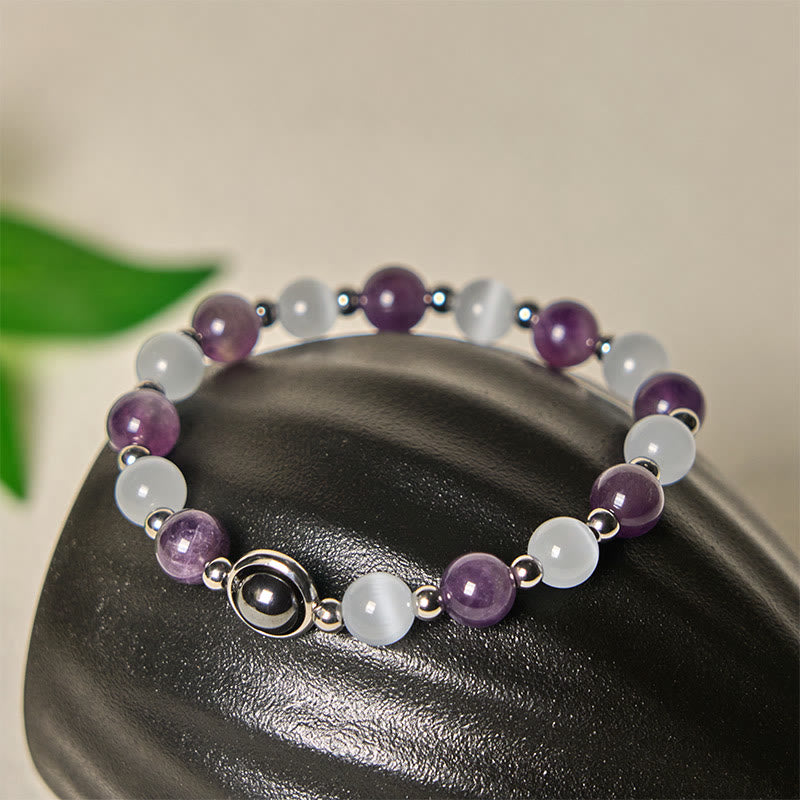 Braccialetto di equilibrio con perle di occhio di gatto bianco e ametista naturale Buddha Stones - Ametista e occhio di gatto bianco (circonferenza del polso: 15-17 cm) - image 0