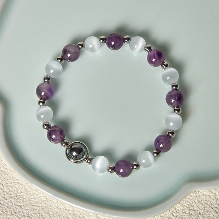Braccialetto di equilibrio con perle di occhio di gatto bianco e ametista naturale Buddha Stones - image 2