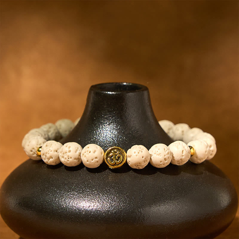 Braccialetto di guarigione calma con simbolo Om Buddha Stones in pietra lavica bianca - image 3