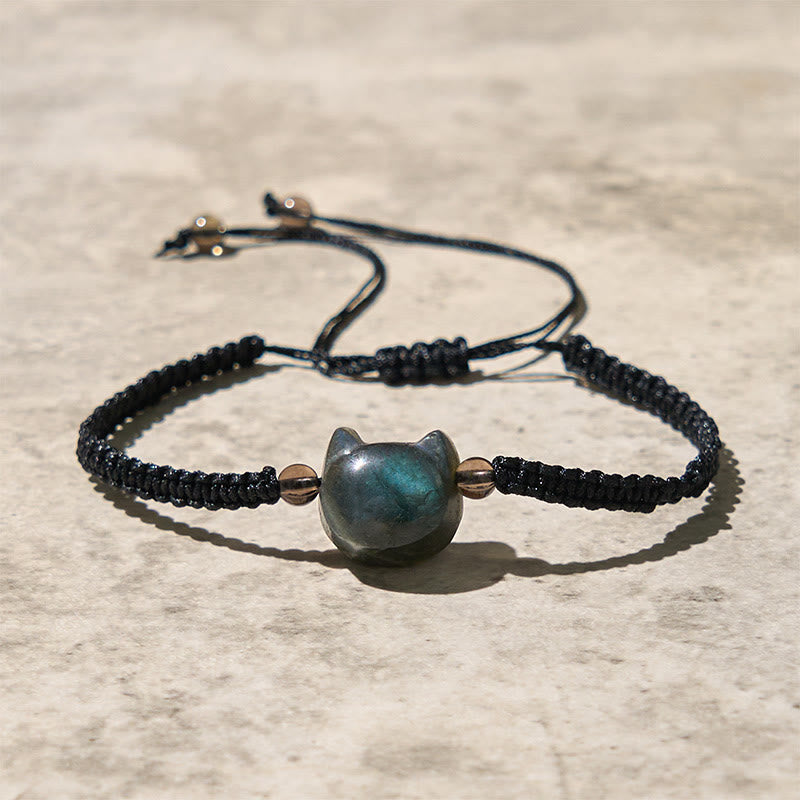 Braccialetto curativo in corda nera con testa di gatto e labradorite naturale Buddha Stones - Labradorite (circonferenza del polso: 15-21 cm) - image 0