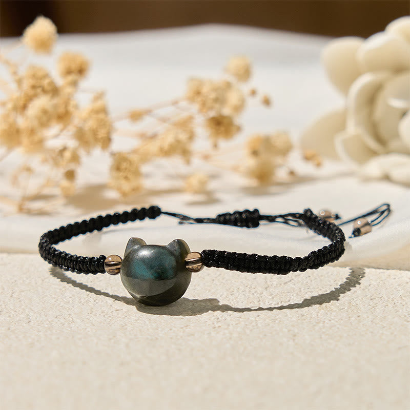 Braccialetto curativo in corda nera con testa di gatto e labradorite naturale Buddha Stones - image 2