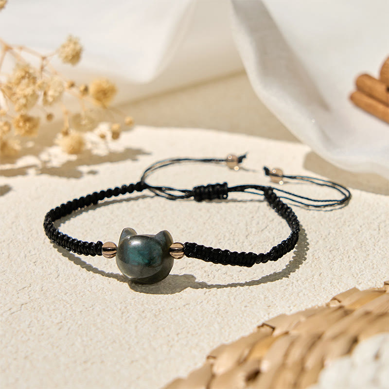 Braccialetto curativo in corda nera con testa di gatto e labradorite naturale Buddha Stones - image 1